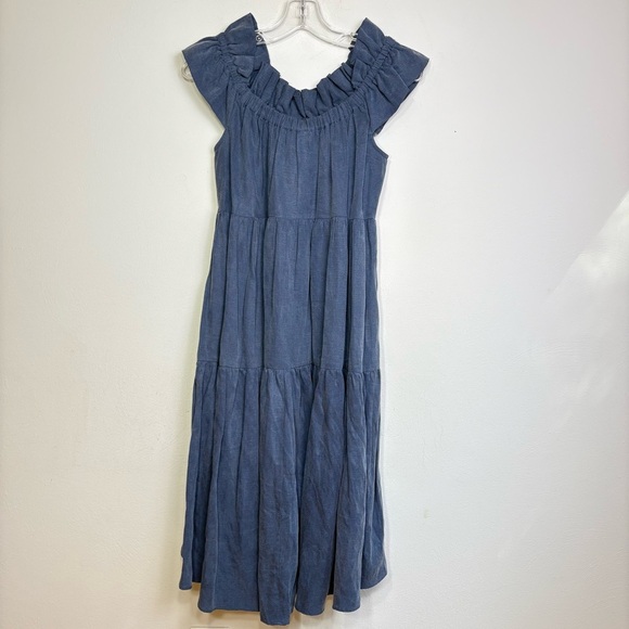 ULLA JOHNSON Olivia Off-the-Shoulder Tiered Ruffle Chambray Denim Linen Dress 2 - Picture 3 of 17